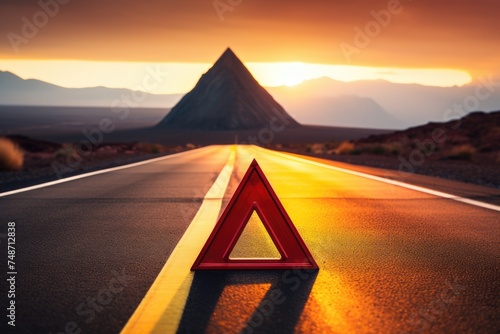 Red warning triangle is on road while good weather, car accident. Generative Ai. photo