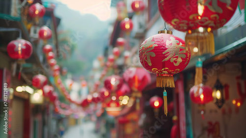 Chinese new year festive background with red decoration Generative AI