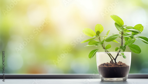 Sprout in a glass pot with soil  spring concept