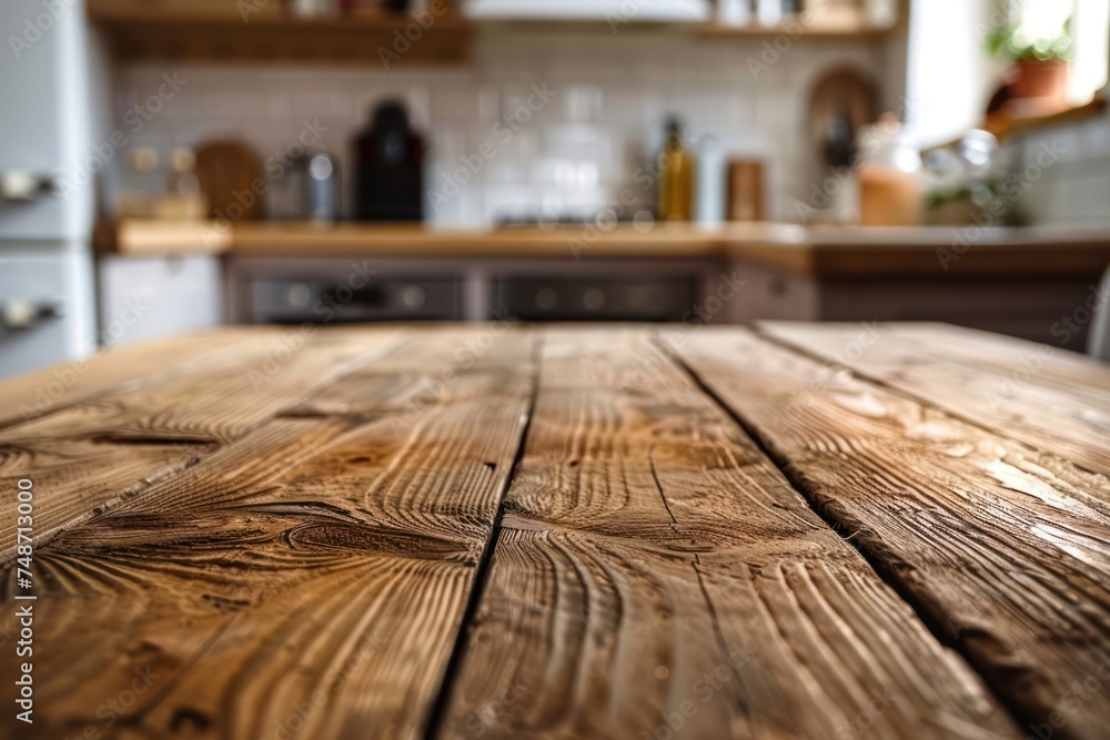 Wooden tabletop over defocused kitchen background Wooden tabletop over defocused kitchen background