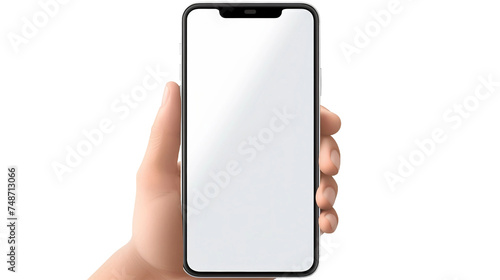 Modern Mockup: Cute Cartoon Hand Holding Mobile Smartphone with Blank Touchscreen for Creative Concepts and Digital Design on transparent background