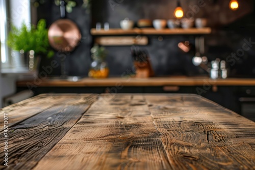 Wooden tabletop over defocused kitchen background 