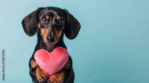 Adorable Dachshund Puppy Holding Red Heart Plush Toy - Valentine's Day, Love, isolated on pastel background, copy space