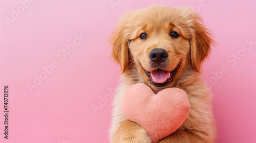 Playful Golden Retriever puppy Holding Red Heart for Valentine's Day, isolated pink background, copy space,