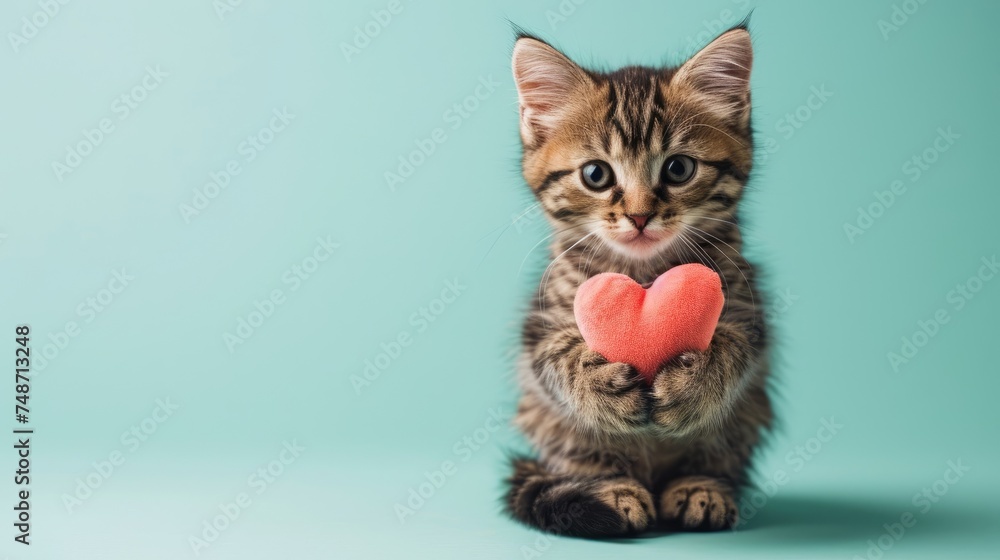 Adorable Playful Kitten siting down and Holding a Pink Plush Heart with paws , Isolated Background 