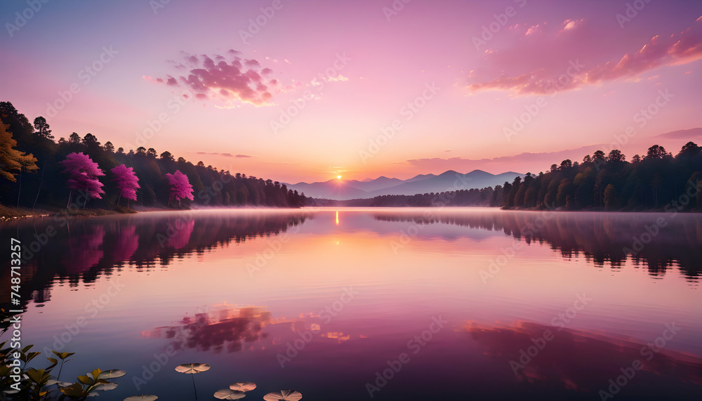 A breathtaking sunrise over a tranquil lake, painting the sky with hues of pink and gold