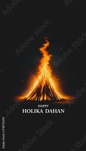 Holika dahan background with a large bonfire at night. photo