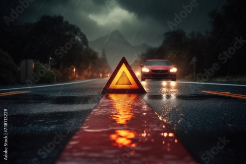 Red warning triangle is on wet road while bad weather, car accident. Generative Ai.