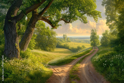 Road runs through lush green field with tree in foreground