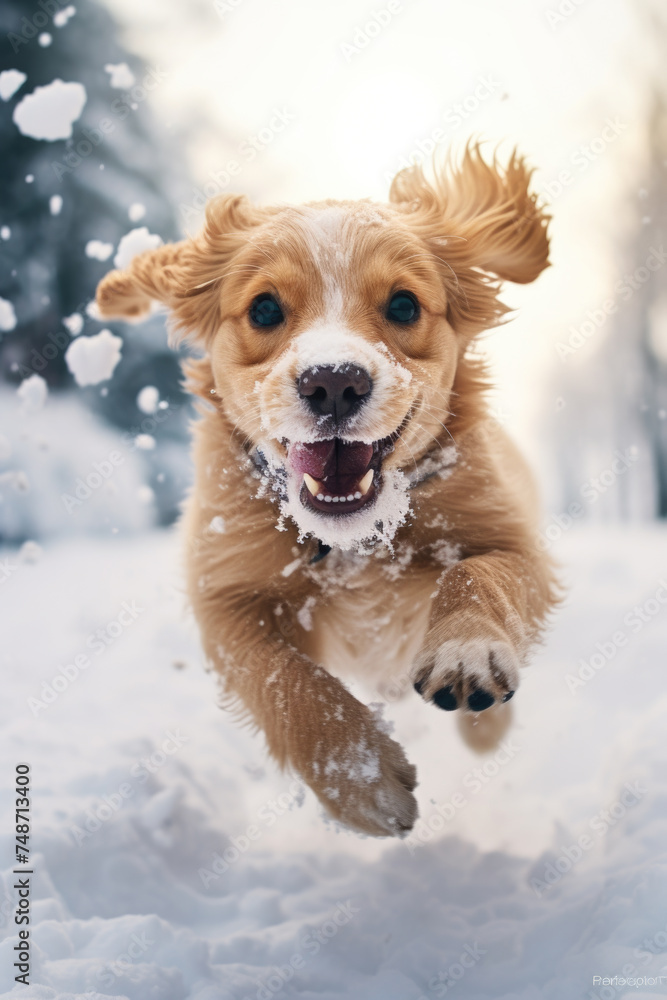 A dog is running through the snow with its tongue out A dog is running through the snow with its tongue out