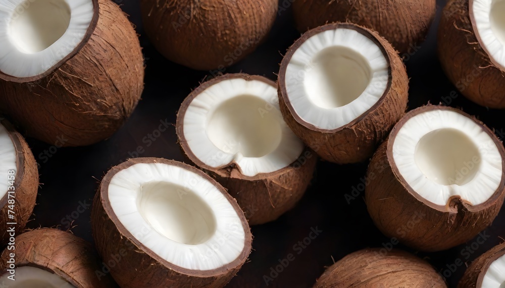 Freshly opened coconuts rest on a vibrant green leaf, their white flesh offering a stark contrast. The tropical backdrop adds to the natural appeal. AI generation Freshly opened coconuts rest on a vibrant green leaf, their white flesh offering a stark contrast. The tropical backdrop adds to the natural appeal. AI generation