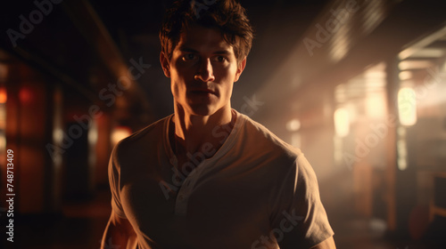 A man in a white shirt stands in a dark room