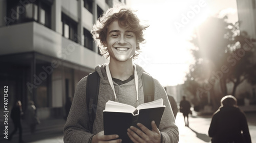 A young man is smiling and holding a book in his hands