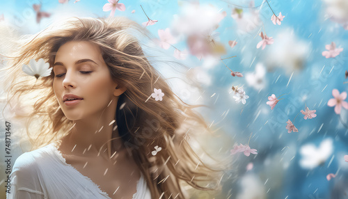 European woman in white dress with freshness blossoming ,spring concept