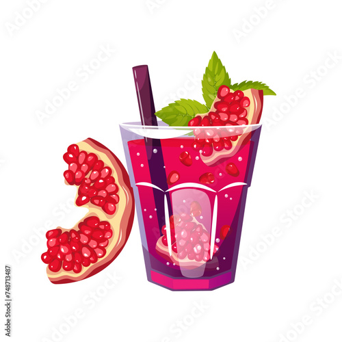 Pomegranate cocktail. Summer refreshing drink, lemonade with pomegranate and mint. Vector illustration.