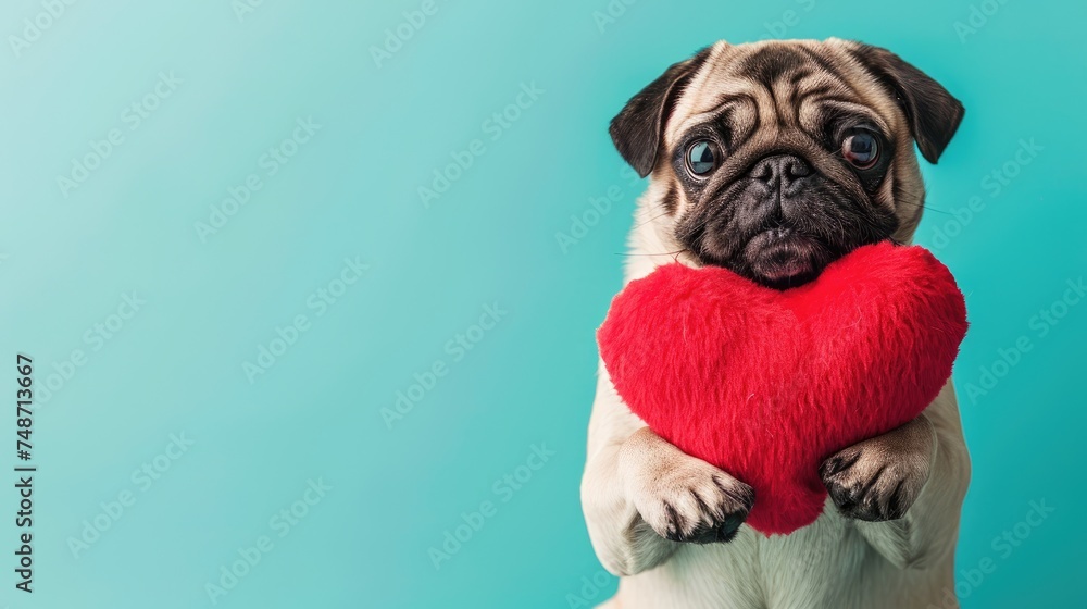 Adorable Pug Dog Puppy Holding Red Heart with the paws , Sending Valentine's Day Love, Valentine's Day greetings, pet photo, isolated sky blue background, copy space, 