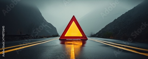 Red warning triangle is on wet road while bad weather, car accident, banner. Generative Ai.