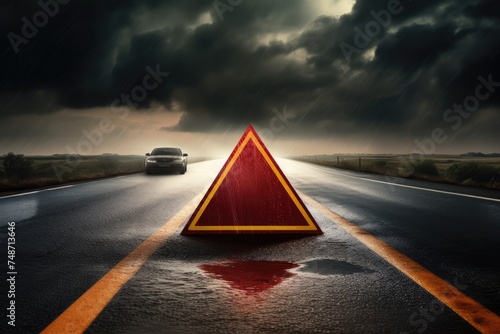 Red warning triangle is on wet road while bad weather  car accident. Generative Ai.