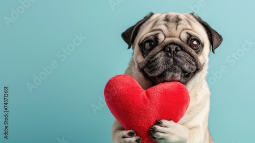 Adorable Pug Dog Puppy Holding Red Heart with the paws , Sending Valentine's Day Love, Valentine's Day greetings, pet photo, isolated sky blue background, copy space,  © Azlan Art 