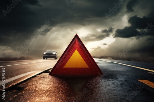Red warning triangle is on wet road while bad weather, car accident. Generative Ai.