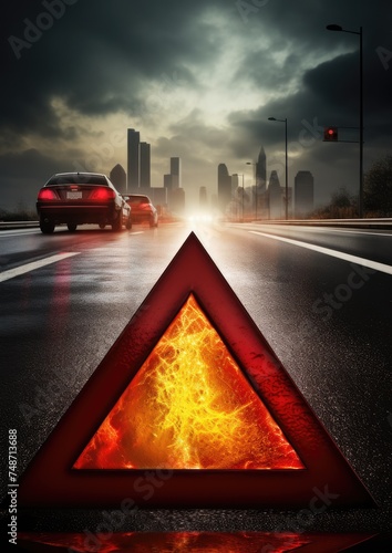 Red warning triangle is on wet road while bad weather, car accident. Generative Ai.