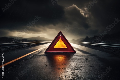 Red warning triangle is on wet road while bad weather, car accident. Generative Ai.