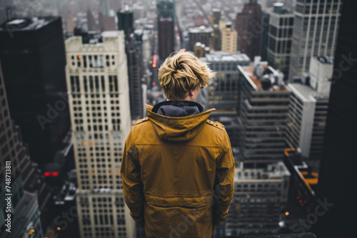 A man in a yellow jacket stands on a rooftop in a city