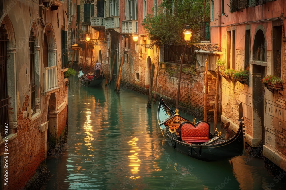 Canal scene in Venice, with gondolas gliding along the waterways, ancient buildings reflected in the water, and the soft glow of streetlights