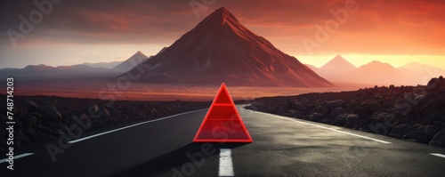 Red warning triangle is on wet road while bad weather, car accident, banner. Generative Ai. photo