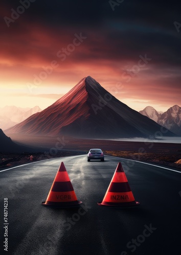 Red warning triangle is on wet road while bad weather, car accident. Generative Ai.