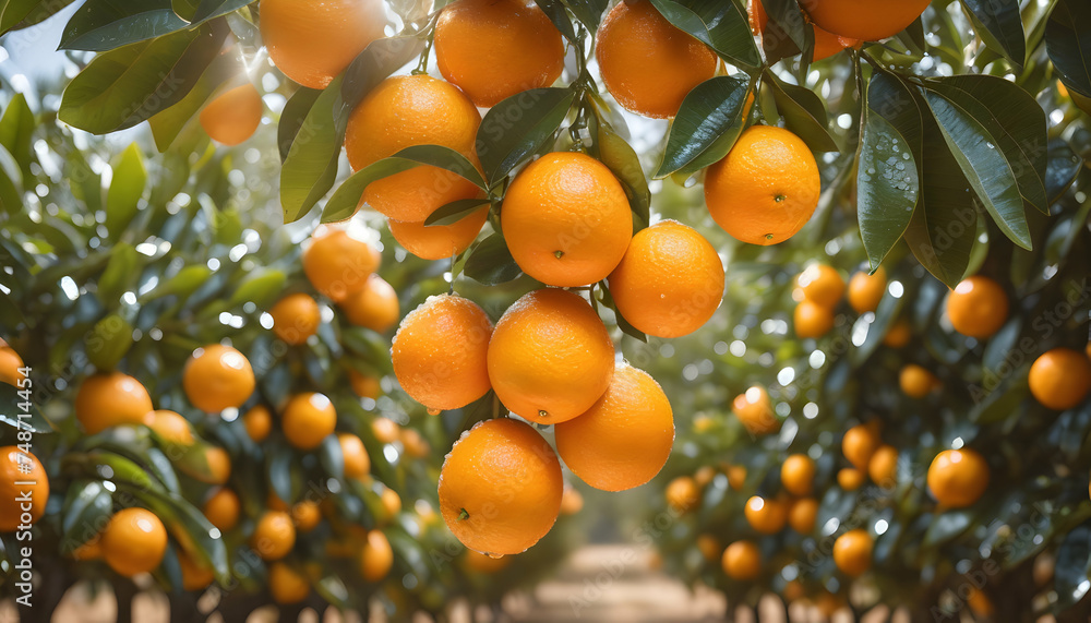 A dewy cluster of oranges on a sunny day in the citrus grove A dewy cluster of oranges on a sunny day in the citrus grove