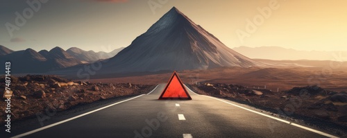 Red warning triangle is on road while good weather, car accident, banner. Generative Ai.