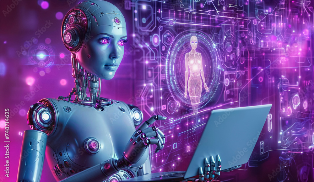 Fototapeta premium humanoid robot working with a laptop on a futuristic background