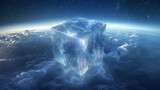 A cube composed of glass nail, floating in infinite empty blue space.