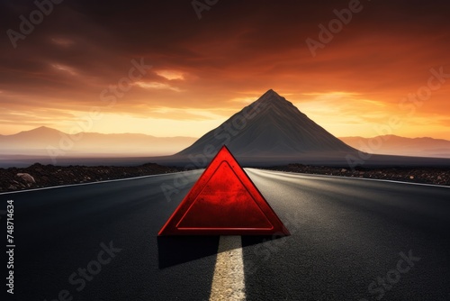 Red warning triangle is on road while good weather, car accident. Generative Ai.