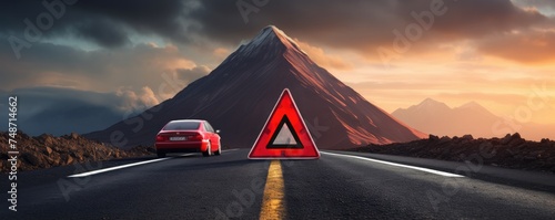Red warning triangle is on road while good weather, car accident, banner. Generative Ai.