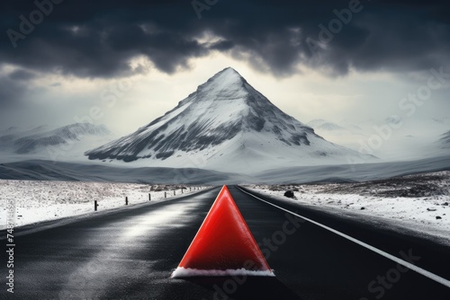 Red warning triangle is on wet road while bad weather, car accident. Generative Ai.