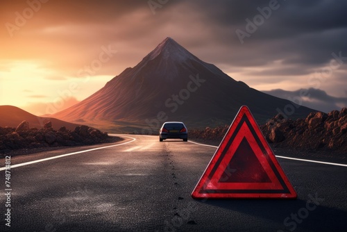 Red warning triangle is on wet road while bad weather, car accident. Generative Ai.