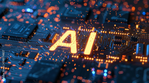 Big enlightened letters "AI" engraved on electronic circuit.