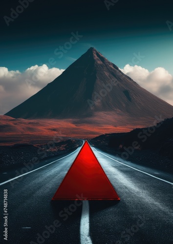 Red warning triangle is on road while good weather, car accident. Generative Ai.