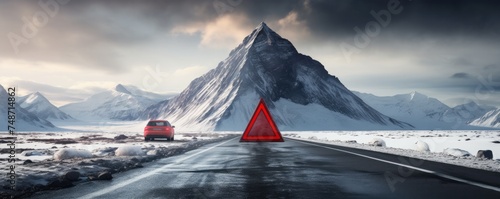 Red warning triangle is on road while good weather, car accident, banner. Generative Ai.