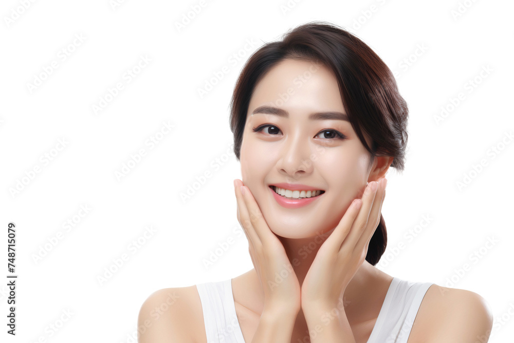 Woman with beautiful face touching healthy facial skin, skincare and cosmetics concept, isolated on transparent background Woman with beautiful face touching healthy facial skin, skincare and cosmetics concept, isolated on transparent background
