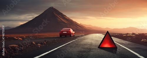 Red warning triangle is on road while good weather, car accident, banner. Generative Ai.