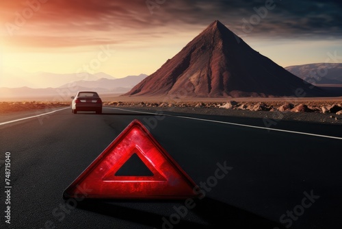Red warning triangle is on road while good weather, car accident. Generative Ai.