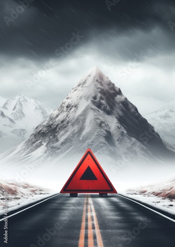 Red warning triangle is on wet road while bad weather, car accident. Generative Ai.