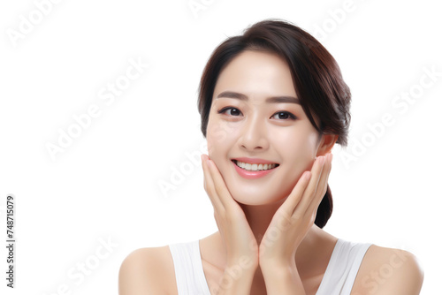 Woman with beautiful face touching healthy facial skin, skincare and cosmetics concept, isolated on transparent background