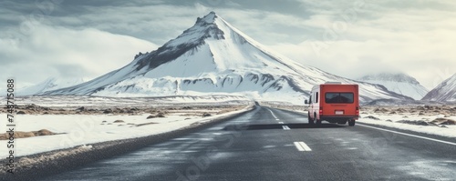 Red warning triangle is on wet road while bad weather, car accident, banner. Generative Ai.