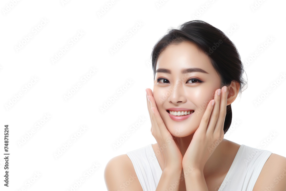Woman with beautiful face touching healthy facial skin, skincare and cosmetics concept, isolated on transparent background Woman with beautiful face touching healthy facial skin, skincare and cosmetics concept, isolated on transparent background