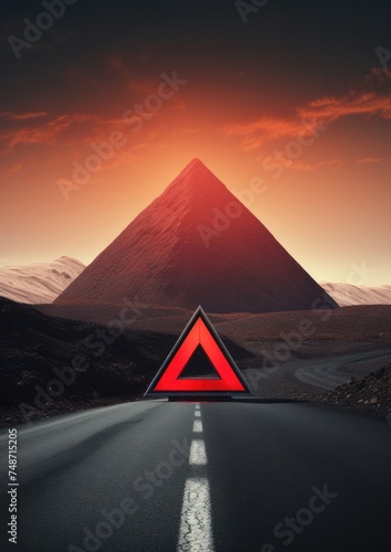 Red warning triangle is on road while good weather, car accident. Generative Ai.