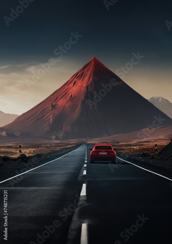 Red warning triangle is on road while good weather, car accident. Generative Ai.